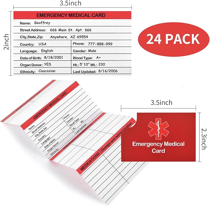 24 Pack Red Emergency Medical ID Wallet - Pocket Size, Medication List, Caretaker Cards