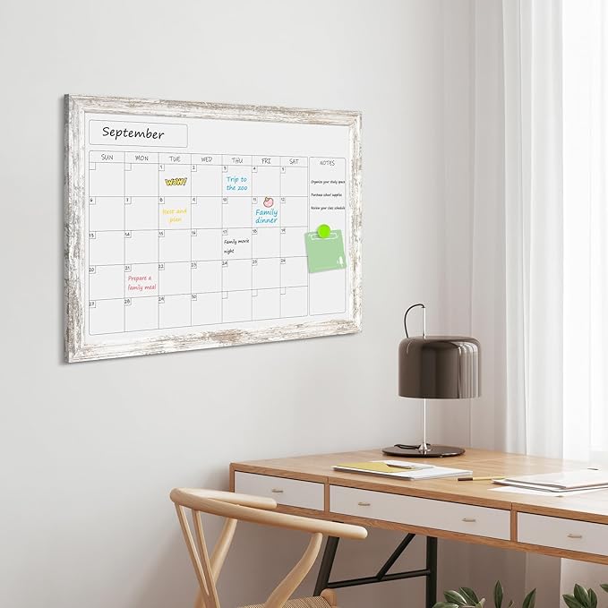 Monthly Dry Erase Calendar Whiteboard for Wall, 24" x 18" Magnetic White Board Calendar Board - Rustic Vintage Wooden Frame