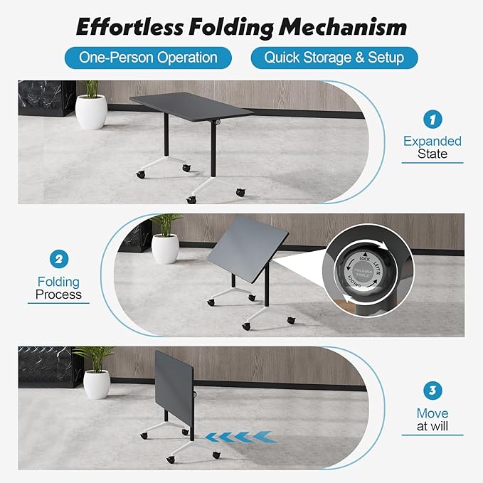 Goakwwuz Conference Room Table, Folding Conference Tables,Thicken Grey Tabletop,Flip Top Wooden Seminar Meeting Room Table for Conference Room Offices (6, Black, 61.0“)