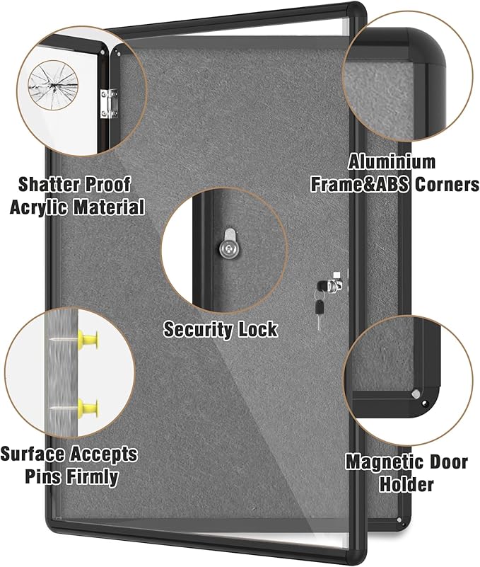 Mifuro 38"x28" Enclosed Bulletin Board, Lockable Weather-Resistant Aluminum Cork Noticeboard for Hospital School & Office, Black Frame w/Grey Flet