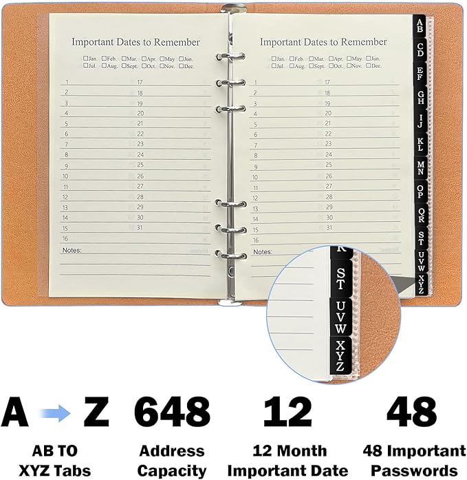 Reﬁllable Address Book with Alphabetical Tabs, Blue Hardcover Phone Book 648 Contact Book with 48 Passwords Combo Book, Large Prints, Easy for Seniors, Home Oﬃce, A5