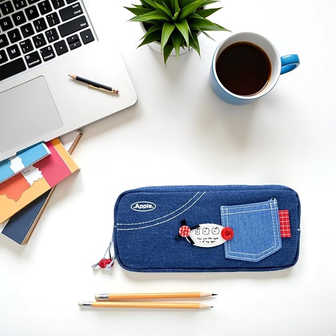 Haumei Canvas Pencil Case Large Capacity, Big Denim Pen Pouch with Zipper, Cute Durable Portable Stationary Storage Bag Organizer for Adults Women, Dark Blue, Button