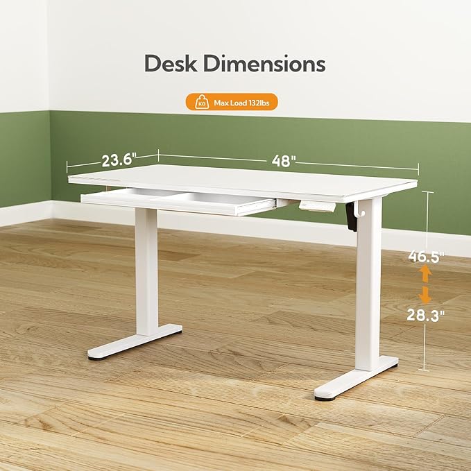 INNOVAR Glass Standing Desk with Drawers, 48 x 24 Inches Electric Height Adjustable Desk, Tempered Glass Top Stand Up Desks for Home and Office, White
