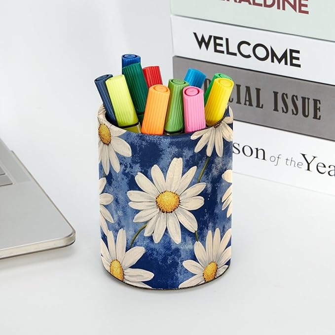 Leather Pen Holder for Desk, Colorful Aesthetic Flowers Pencil Cup Desktop Organizer Makeup Brush Holders Office Supplies for Home, Kids & School
