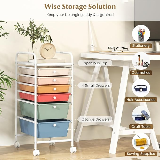 RELAX4LIFE 6-Drawer Rolling Storage Cart - Classroom Organization on Wheels w/Removable Plastic Drawers, Mobile Art Craft Cart for School Paper Home Office, Utility Cart with Drawers (Macaron)
