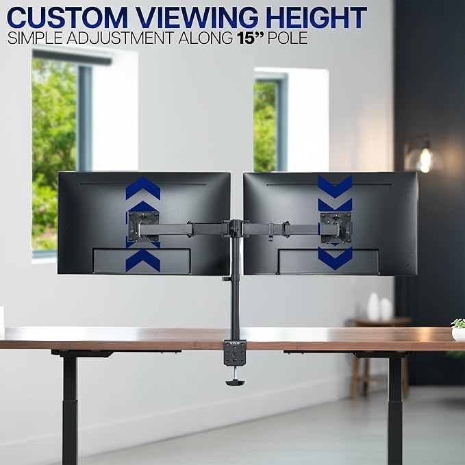 VIVO Dual Monitor Desk Mount, Heavy Duty Fully Adjustable Steel Stand, Holds 2 Computer Screens up to 24 inches and Max 22lbs Each, Black, STAND-V024