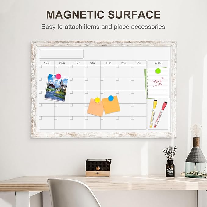 Monthly Dry Erase Calendar Whiteboard for Wall, 36" x 24" Magnetic White Board Calendar Board - Rustic Vintage Wooden Frame