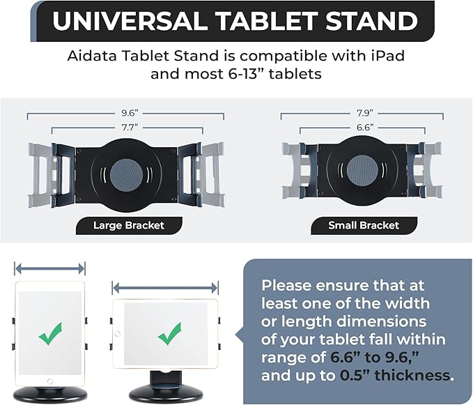 Aidata Tablet Stand - Compatible with iPad, iPad mini, and Most 6-Inch-13-Inch Tablets, Adjustable Commercial POS Holder with 360-Degree Swivel, for Retail, Classroom, Business, and Home, Black