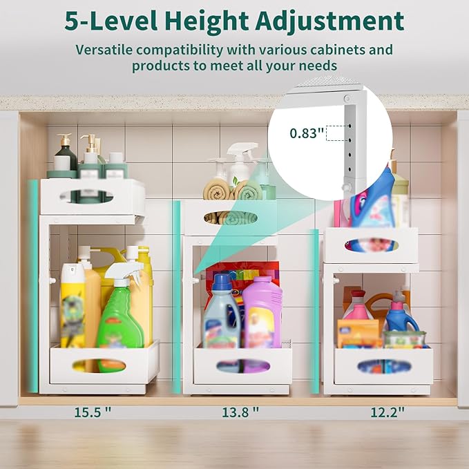 Beleeb Under Sink Organizer, 1 Pack 2 Tier Metal Slide Out Pull Out Cabinet Organizer Shelf, Height Adjustable Organization and Storage Series, Bathroom/Desktop/Cabinet/Kitchen organization, White