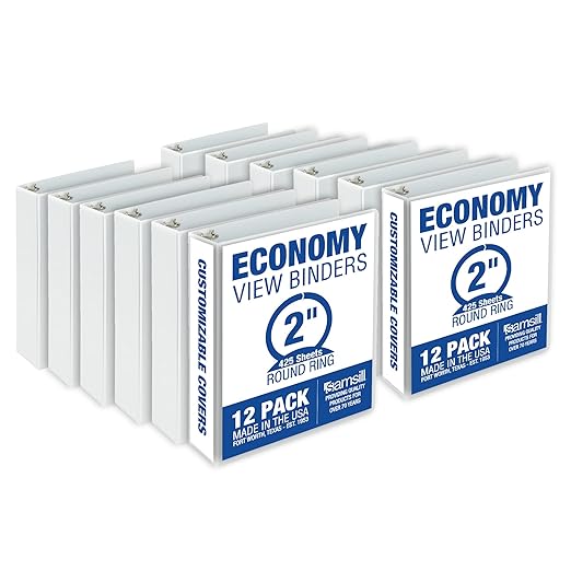 Samsill 2 Inch 3 Ring Binders, Made in USA, Economy Round Ring, Clear View Cover, 425 Sheet Capacity - for School, Home, Office - White, 12 Pack