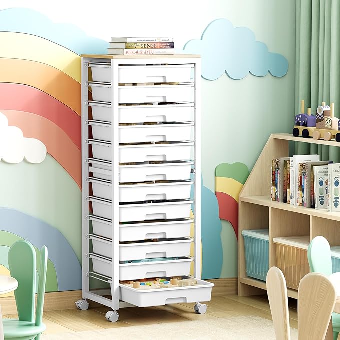 SYKIARIOL Rolling Cart with Drawers,12 Drawer Rolling Cart,Rolling storage cart with drawers,White Rolling Drawer Cart,Teacher Rolling Cart for Classroom Storage,Craft Cart with Wooden Tabletop