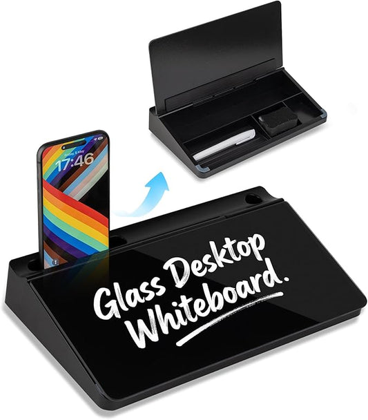 Small Glass Desktop Whiteboard 11.8×7”, Dry Erase Note Memo Board, Desk Organizer with Storage for Desk, Office, School Supplies, Black, 2026