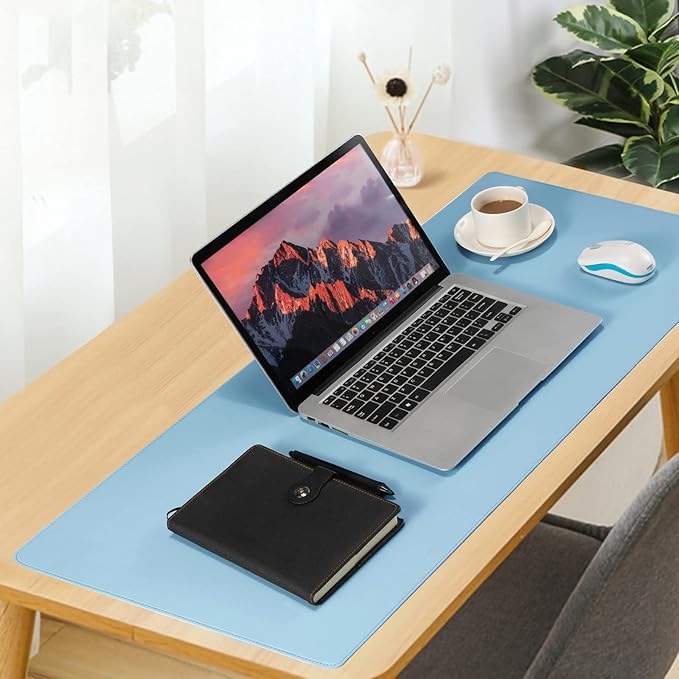 Wolaile Faux Leather Desk Pad Blotter,Waterproof Non-Slip Writing Desk Mat for Kids,36x17 in Desktop Protector Large Mouse Pad,Light Blue Office Home Table Cover