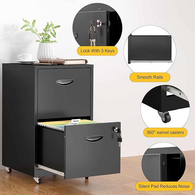 SteeLoong 2 Drawer File Cabinet with Lock，Black Rolling File Cabinet for Home Office, Metal Small Mobile Filing Cabinets on Wheels for Hanging Letter