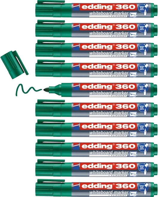 edding 360 whiteboardmarker - groen - 10 whiteboardstiften - ronde punt 1,5 - 3 mm - boardmarker uitwisbaar - voor whiteboard, flipchart, magneetbord, prikbord, memobord - sketchnotes - navulbaar