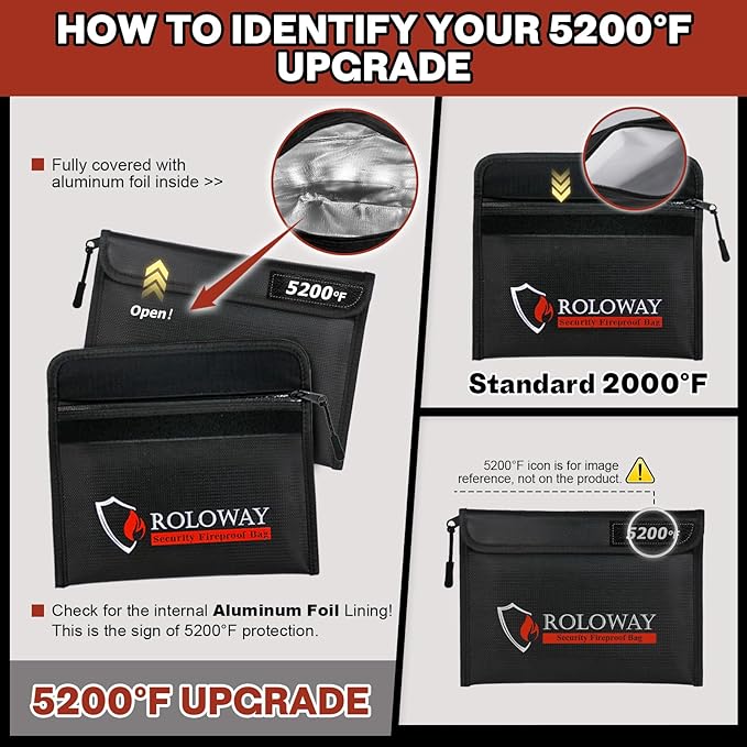 ROLOWAY Fireproof Bag (9.6 x 6.6 inches) 5200℉ Heat Insulated, Fireproof Money Bag with Zipper for Cash (2-Pack Black)