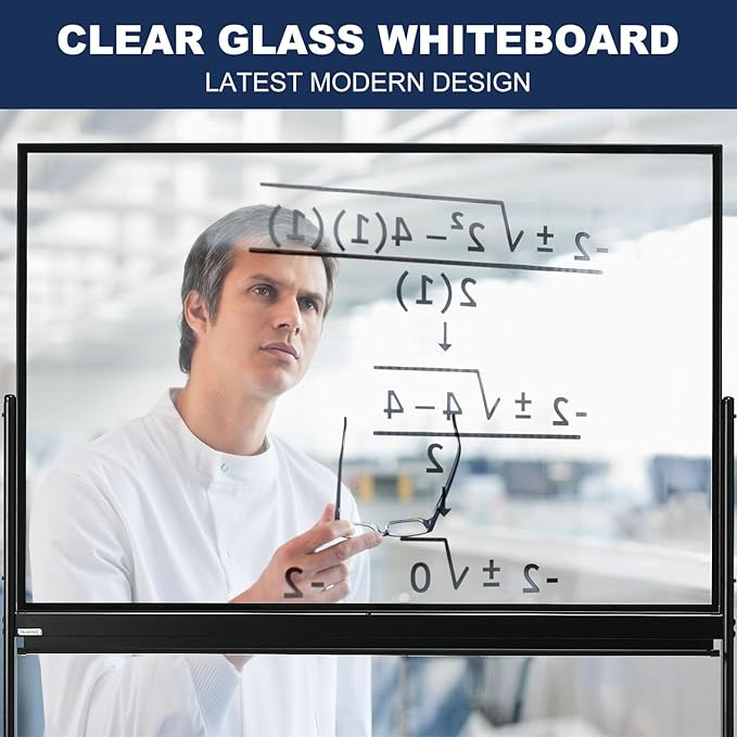 TSJ-OFFICE Rolling Clear-Glass Whiteboard on Wheels - 48" x 32" Mobile Dry Erase Board with Stand, Large Rolling White Board with 25 Sheets Paper Pad, Transparent Tempered Glass Board for Home Office