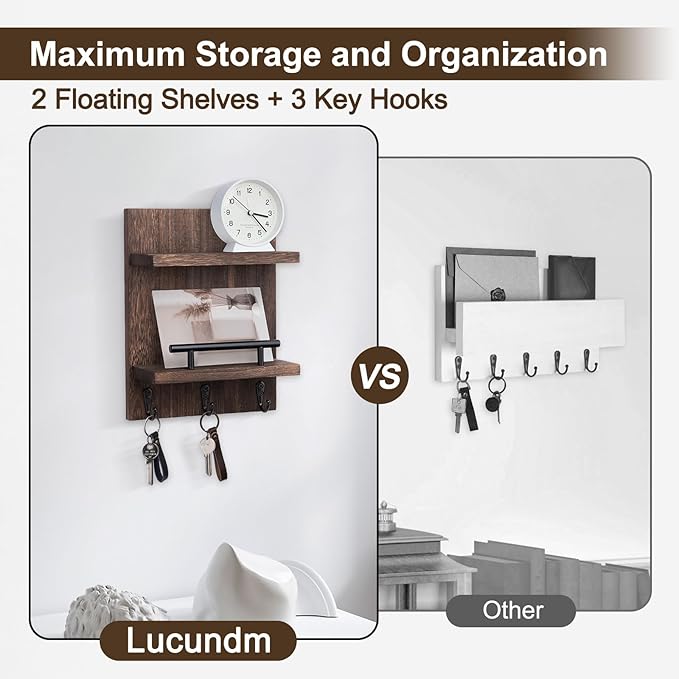 Lucundm Key Holder Wall Mount, Mail Shelf Decor with 3 Key Hooks, Versatile Wood Wall Organizer for Entryway Hallway (8.2” x 10.6”x 3.6”) (Brown)