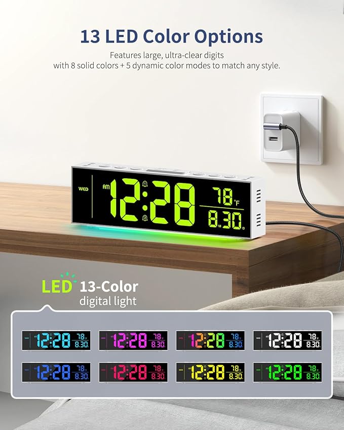 Digital Clock, Alarm Clock for Bedroom, Digital Wall Clocks for Classroom, Living Room Decor, Desk Clock Large Display, 13 Number Display Colors, 12 Ambient Light Colors, Auto Dimming, DST (White)