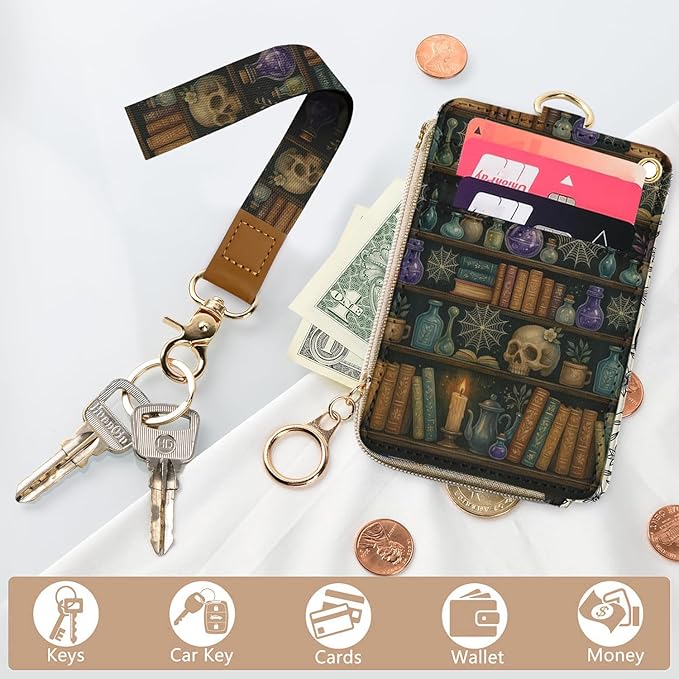bolimoss Bookshelf Lanyard Wallet for Women Teacher, Goth Skull Leathe RFID Small Keychain Wallet Credit Card Holder Breakaway Wrist Neck Strap for Key Name Tag
