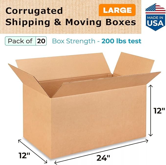 Large Shipping & Moving Boxes 24"L x 12"W x 12"H (20-Pack) - Extra Strength 200 lb vs Regular - Corrugated Strong Boxes for Moving - Cardboard Box for Moving - Box for Packing by IDL Packaging
