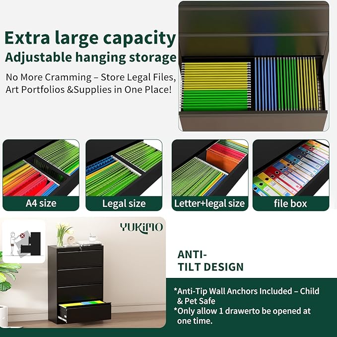 4 Drawer Lateral File Cabinet with Lock, Metal File Cabinets for Home Office, Office Furniture for Organization Hanging Legal/Letter/A4, Metal Filing Cabinet Storage Cabinet, Require Assembly, Black