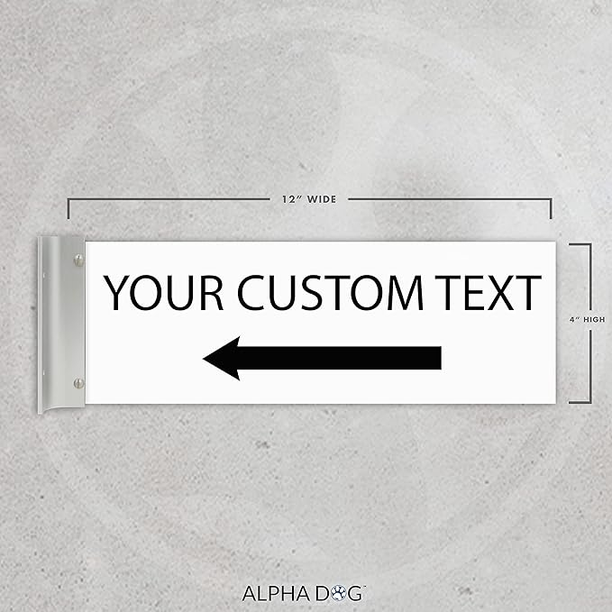 ALPHA DOG SIGNS Custom Projecting Hallway Sign, 4"x12" Double-Sided Business Plaque Left Arrow, Personalized Indoor Outdoor Wayfinding, Easy Install, Durable, Made in USA (White)