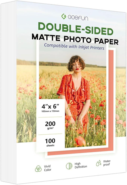 Double Sided Matte Photo Paper 4x6, Goefun 200GSM/54LB Inkjet Printer Paper for Dye Ink and Pigment Ink, 100 Sheets