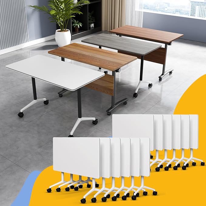 Conference Table Flip Top Mobile Conference Room Tables,Folding Conference Table with Wheels,Large Meeting Training Seminar Table Saving Space for Office Classroom (10, White, 47.2'')
