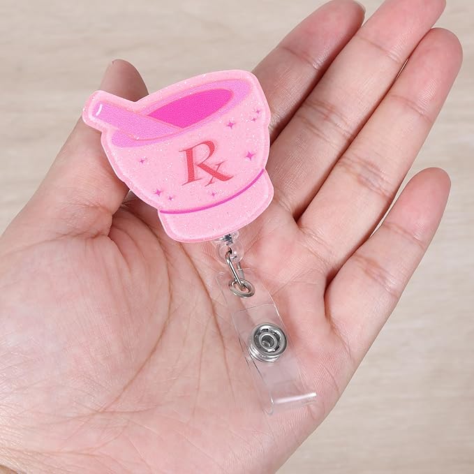 Funny Pink RX Nurse Badge Reel, Cute Pharmacy Tech Mortar and Pestle Retractable ID Card Medical Badge Holder, Name Tag Badge Buddy for RN Pharm Nurse Nursing Student Pharmacist Doctor Medical Workers