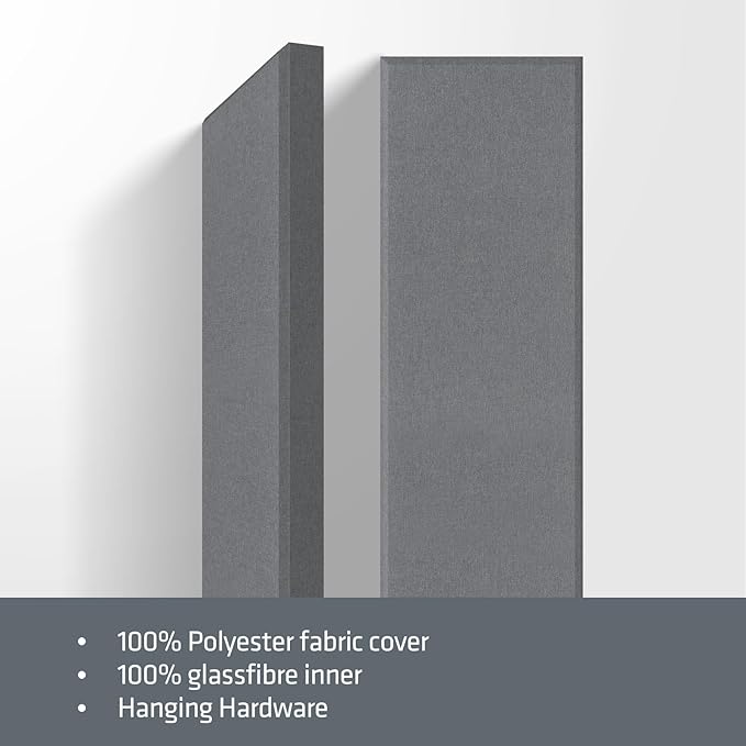 2” Thick Acoustic Panels with Hanging Brackets to the Wall, 2 PCS 47.2” x 11.8” Fiberglass Sound Absorbing Panels for Home Theater Church Office Wall or Ceiling, Light Grey