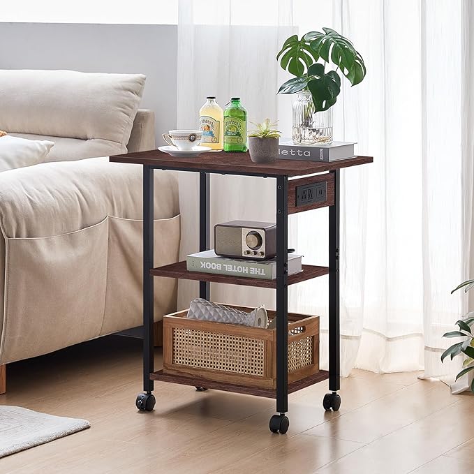 Lerliuo 3-Tier Printer Stand with Charging Station, Industrial Mobile Printer Table with Storage Shelf and Steel Frame, Rolling Printer Cart Holder with Lockable Wheels for Home, Office (Walnut)