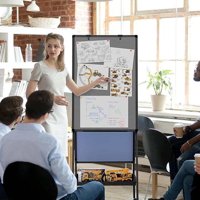 MAKELLO Rolling Whiteboard on Wheels 36x24 in, Double-Side Standing White Board Grey Bulletin Board Combo with Storage Tray for Office Classroom Commerce, Height Adjustable, Aluminum Frame, 3'x2'