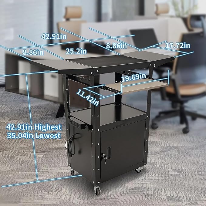 Upgraded AV Cart, Adjustable-Height Steel AV Cart with Locking Cabinet and Pullout Keyboard Tray, Rolling Media Cart with Wheels & Power for Computer Laptop Projector Printer (Black/43"x18"x43")