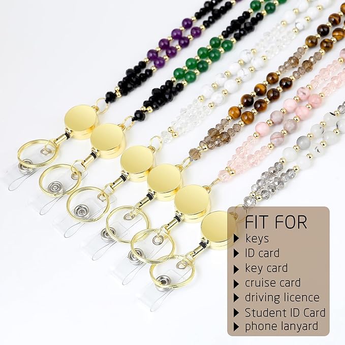 AIDSOTOU Lanyards for ID Badges and Keys,Natural Stone Beaded Teacher Lanyard for Women,Retractable Lanyard with ID Holder Cute Lanyards for Teachers (Green)