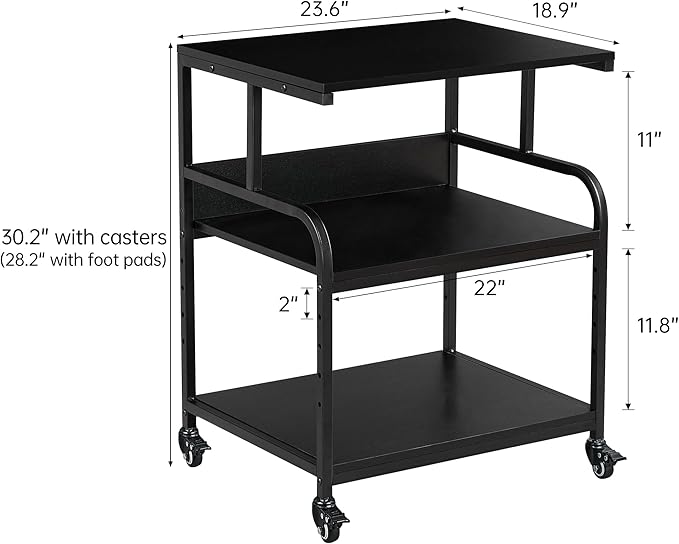Fannova Printer Stand, 23.6 x18.9 x 30 Inches Large Printer Table with Adjustable Storage Shelf, 3 Tier Rolling Printer Cart with Wheels for Home Office, Stand for Heat Press Mini Fridge, Black