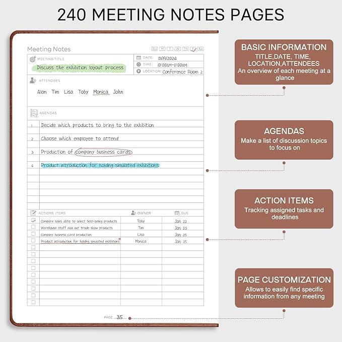 EMSHOI Meeting Notebook for Work with Sticky Tabs - 240 Pages, A4 Size Project Planner, PU Leather Meeting Agenda/Minutes Organizer for Women Men Note Taking Office Business, 8.3"x11.7", Dark Green