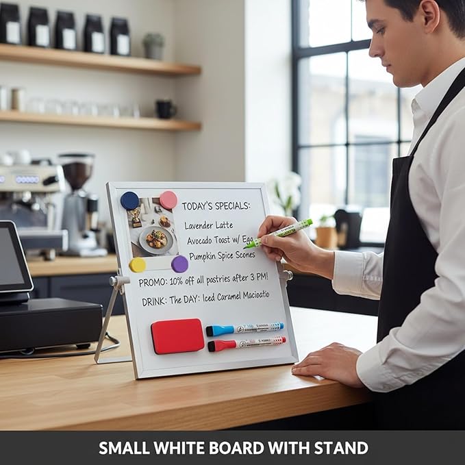 MXG 10x10 Inch Magnetic Dry Erase Board, Double Sided Small Whiteboard with Stand, 360° Rotatable & Adjustable, Includes Markers, Eraser & Magnets, for Office, Home, Fridge, Wall