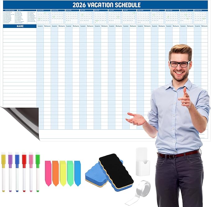 Lincia Large Magnetic 2026 Full Yearly Vacation Board Schedule Dry Erase Wall Planner Calendar Reusable Project Office Whiteboard 24" x 36" Vacation Calendar for Management, Planning, Organizing