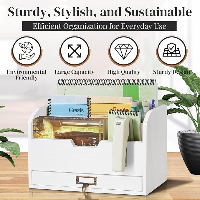 Flexzion 3 Tier Wooden Desk Organizer - Country Rustic Mail Organizer Countertop Compartments Slot File Tray Pencil Sorter Shelf Holder Accessories Set with Storage Drawer for Home Office, Beige Wood
