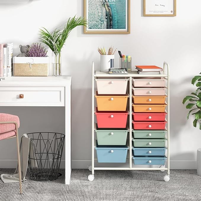 LDAILY 15 Drawer Rolling Storage Cart, Rolling Cart with Drawers for Classroom, Art Supply Craft Organizer on Wheel with Metal Frame & Handles for Home Office School