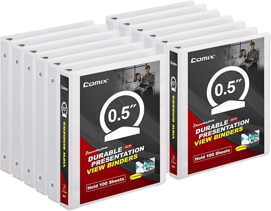 COMIX Sturdy 3 Ring Binder 0.5 inch with Clear View Cover, 1/2" Round Ring View Binder, PVC-Free, 2.4mm-Thick, 100 Sheets Capacity of US Letter Size Paper, Office ＆ School Supplies, Pack of 12 (White)