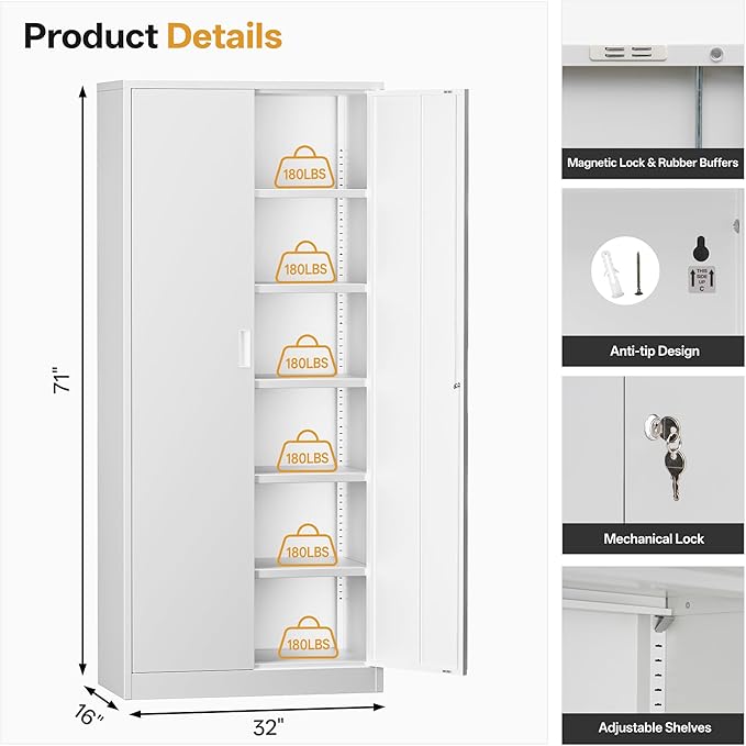 TaskStorz Steel SnapIt Cabinet, 71 Inch Metal Storage Cabinet with Locking Doors and 5 Adjustable Shelves, Garage Cabinet, Tool Cabinets for Office and Home Use (White)