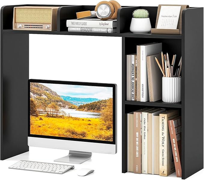 Tangkula Desktop Bookshelf, Countertop Storage Hutch with Shelves for Computer Desk, Desk 3-Tier Display Rack, Multipurpose Wood Desktop Hutch Storage Organizer for Dorm Office (Black,5 Shelves)