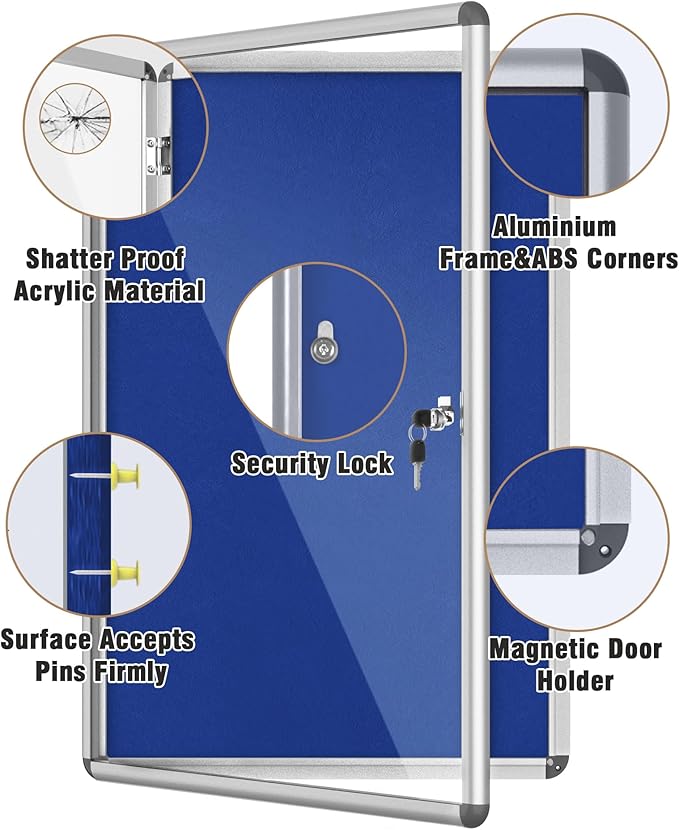 Mifuro 36"x24" Enclosed Bulletin Board, Lockable Weather-Resistant Aluminum Cork Noticeboard for School & Office, Silver Frame w/Blue Flet