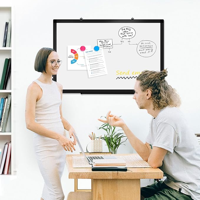 AMUSIGHT Double-Sided Magnetic Whiteboard, 36" x 24" Dry Erase Board Black Aluminum Frame for Wall, White Board Dry Erase Marker Board for Kitchen, Memo, School, Home, Office