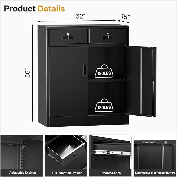 TaskStorz Metal Storage Cabinet, 36 Inch Tall Metal Garage Cabinet with 2 Doors and 2 Drawers, Lockable Cabinet with Adjustable Shelf, Pantry Cabinets for Home Office,Kitchen,Pantry,Garage,Warehouse