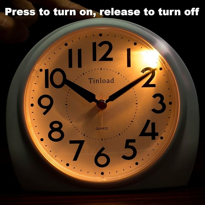 Tinload 5.5" Large Analog Alarm Clock Silent Non Ticking, Gentle Wake, Beep Sounds, Increasing Volume, Battery Operated Snooze and Manual Light, Easy Set,White(Best for Elder)