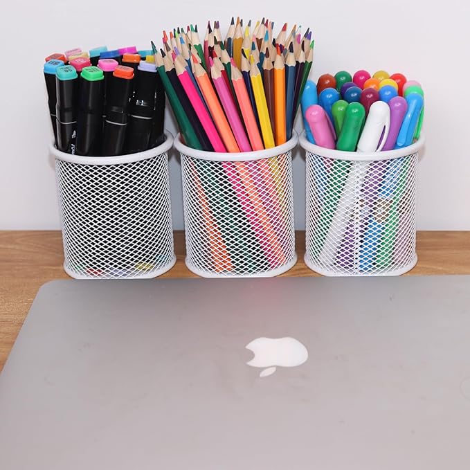 SNOW COOLER Pen Holder Mesh Pencil Holder Metal Pen Holder Cup Pencil Cup Holder for Desk Office Pen Organizer White, 4 Pack