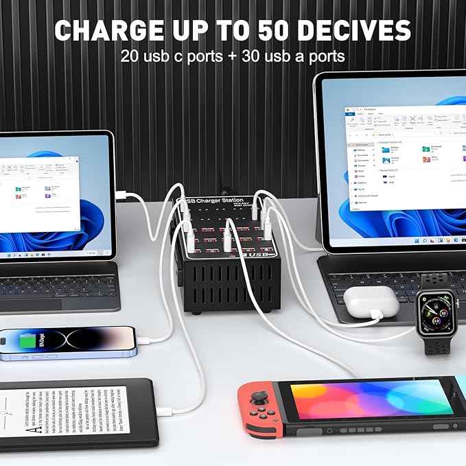 250W Charging Station for Multiple Devices, (20 USB C+30 USB A), Stations for MacBook, iPhone, Android Cell Phone, iPad, Tablet, Family Multi-Device Organizer Charging Dock (Black)